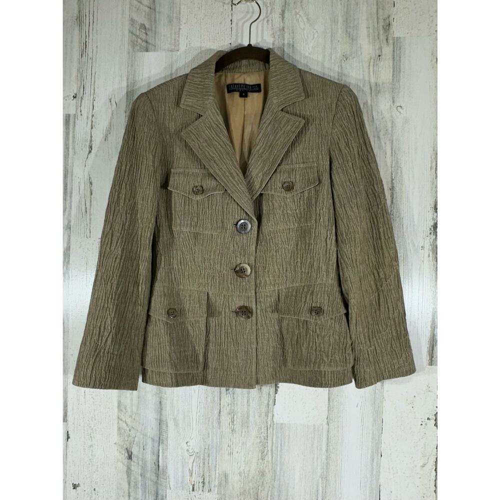 Lafayette 148 Blazer Jacket Size 8 Tan Brown 100% Linen LIned Pockets Textured